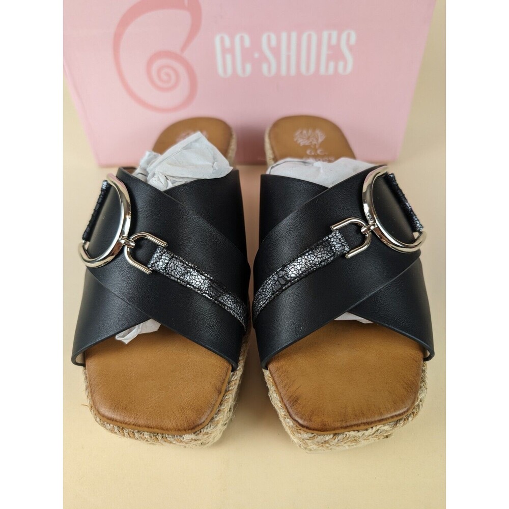 GC Shoes Lindsey Espadrille Wedge Sandals Womens 6 M Black Buckle Strap NWB - Picture 6 of 13